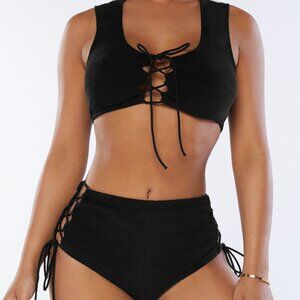 Savage x Fenty 70s Terry Top and Bottom in Black Caviar, Size XS